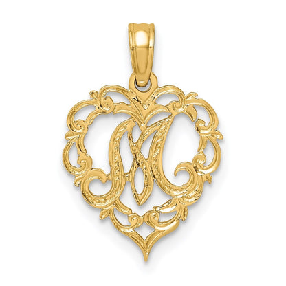 14k Yellow Gold Heart Script Letter M Initial Charm