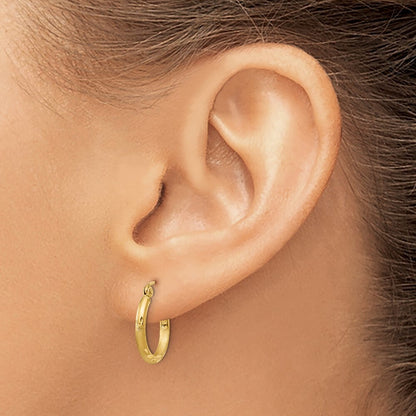 14k Yellow Gold Satin and Diamond-cut 2mm Round Tube Hoop Earrings