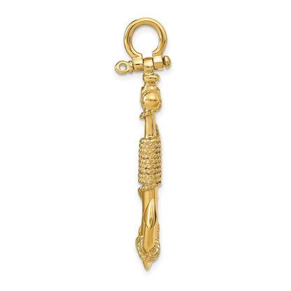 14k Yellow Gold 3-D Solid Anchor with Rope Pendant