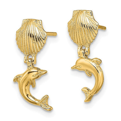 14k Yellow Gold Dolphin Dangle From Mini Scallop Earrings