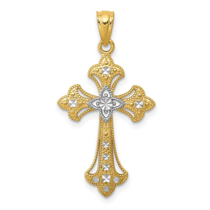 14k Yellow Gold Rhodium Diamond-Cut Cross Pendant for Women