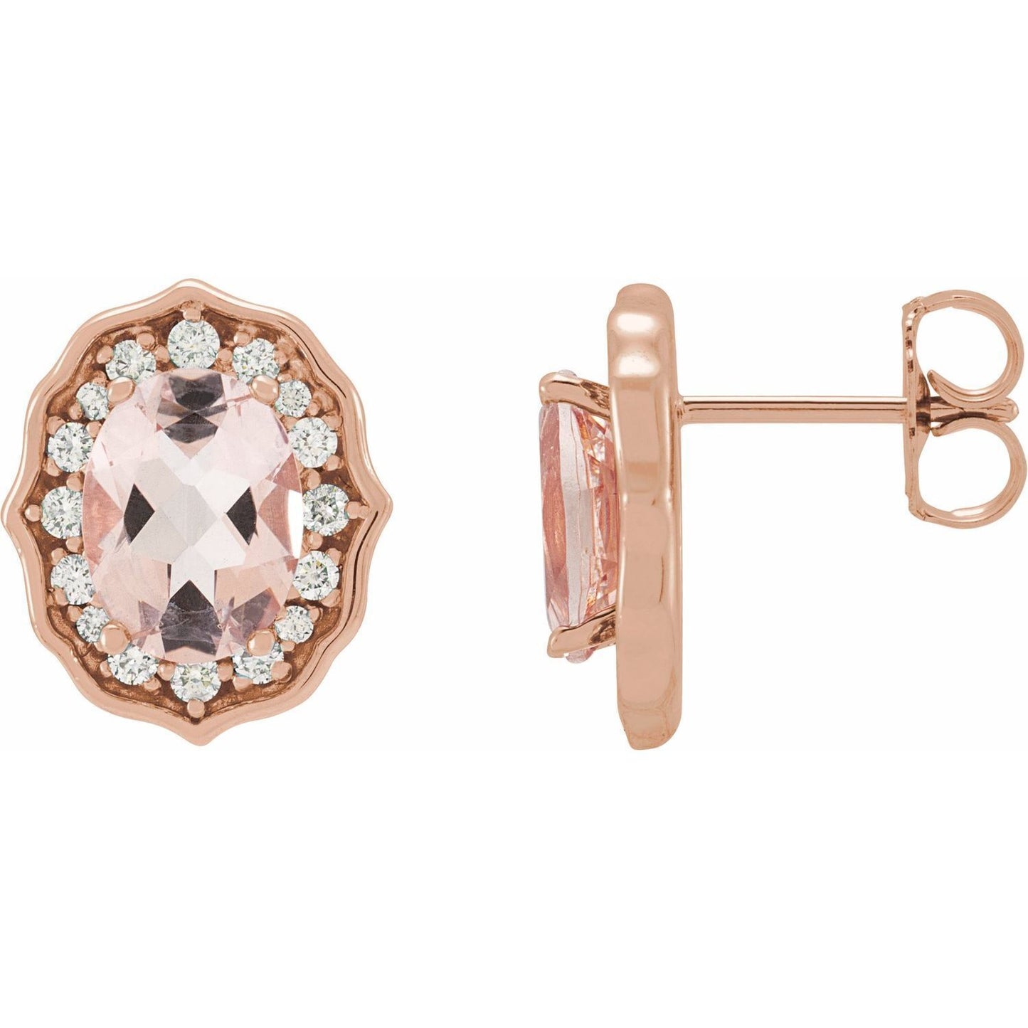 14k Rose Gold Natural Peach Morganite and 1/3 CTW Diamond Stud Earrings