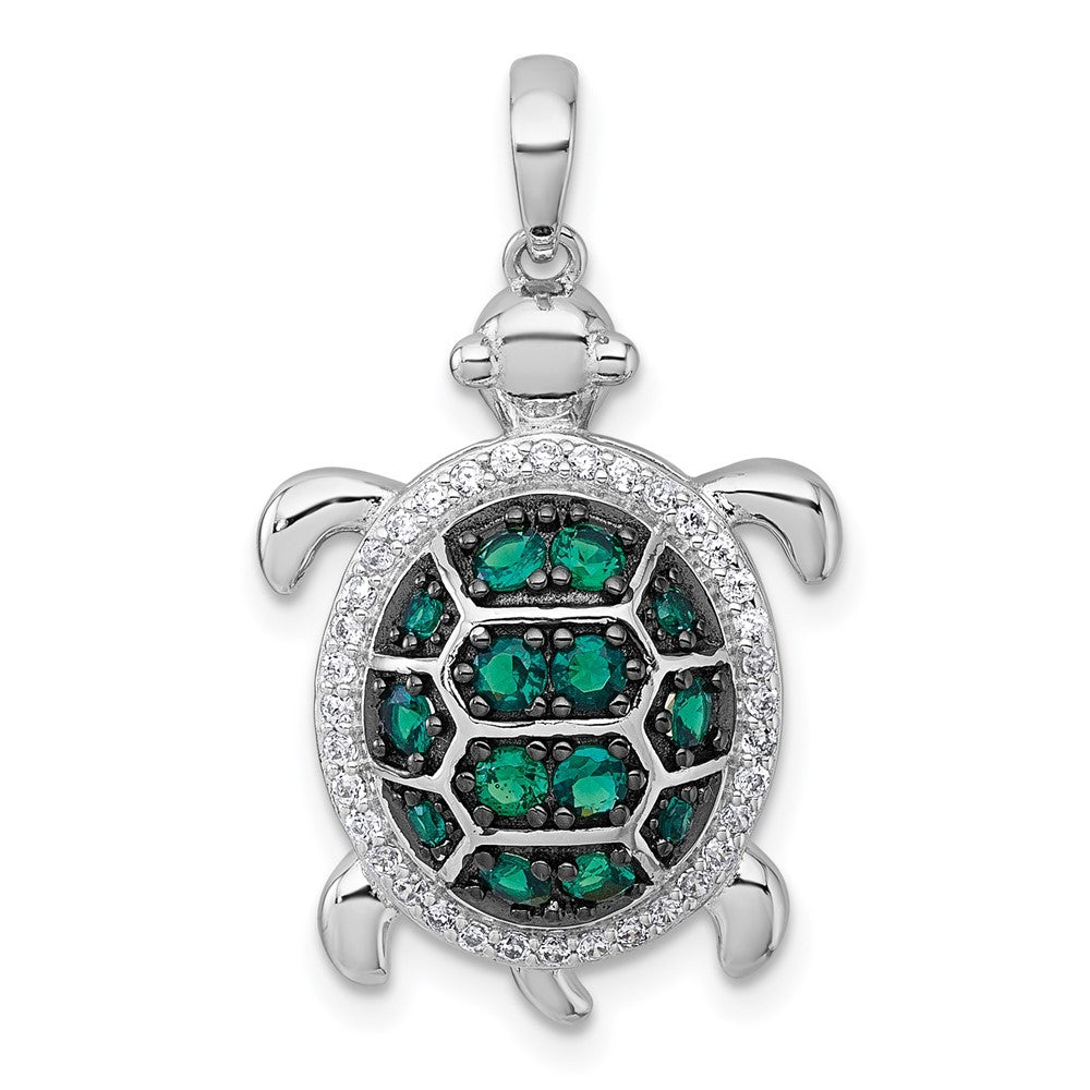 Sterling Silver White and Black White and Green Cubic Zirconia Turtle Pendant
