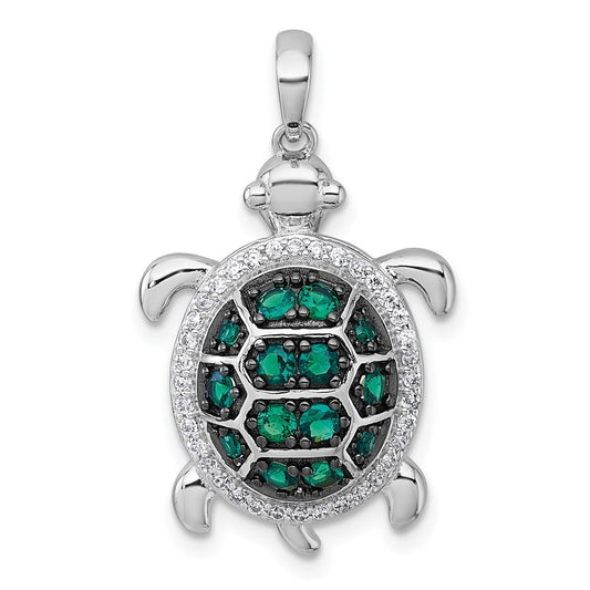 Sterling Silver White and Black White and Green Cubic Zirconia Turtle Pendant