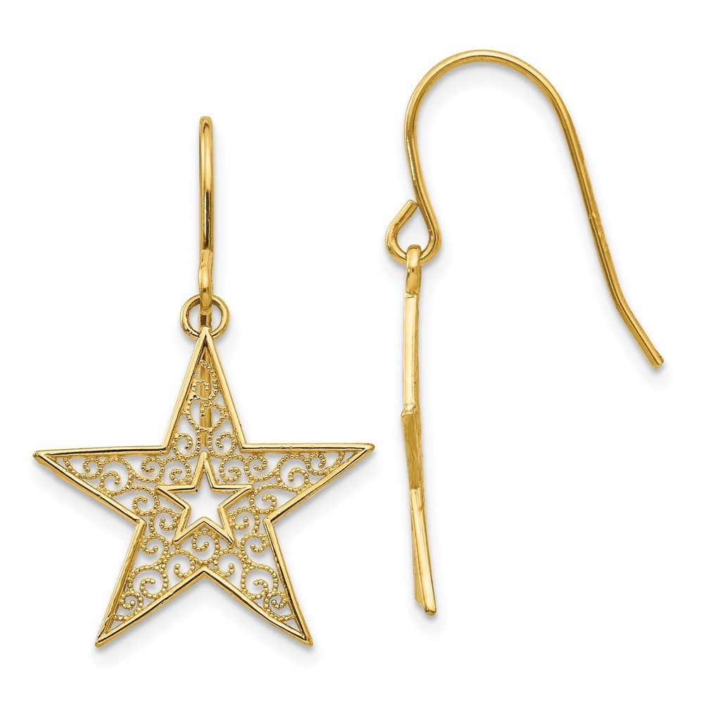 14k Yellow Gold Filigree Star Drop Dangle Earrings w/ Shepherd Hook