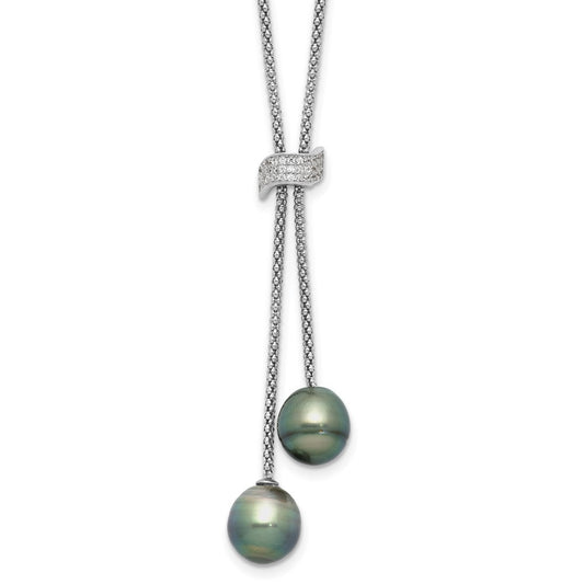 Sterling Silver Black Teardrop Tahitian Cultured Pearl & CZ Dangle Necklace 18"