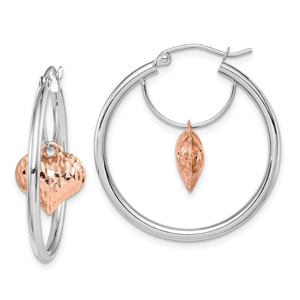 14k Two-tone Rose and White Diamond-Cut Heart Dangle Hoop Earrings