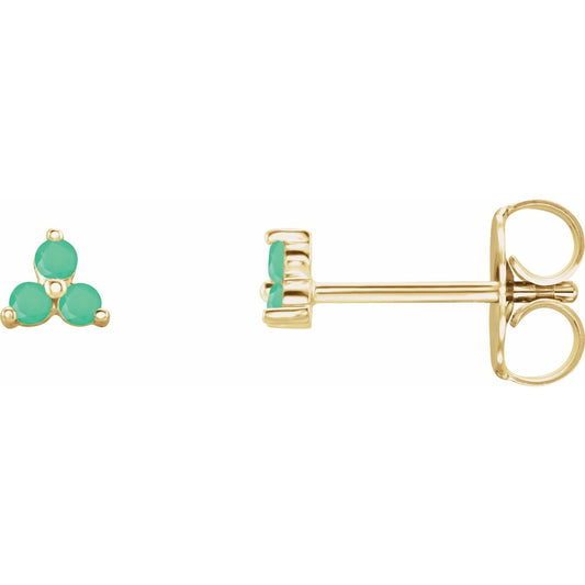 Gift for Mothers 14k Yellow Gold Natural Chrysoprase Three Stone Stud Earrings