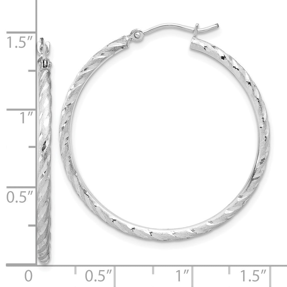 14k White Gold Polished and Satin Diamond-Cut 2mm Hoop Earrings