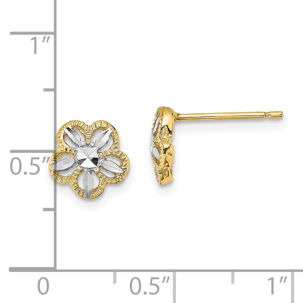 14k Yellow Gold w/Rhodium Diamond-cut Flower Stud Earrings