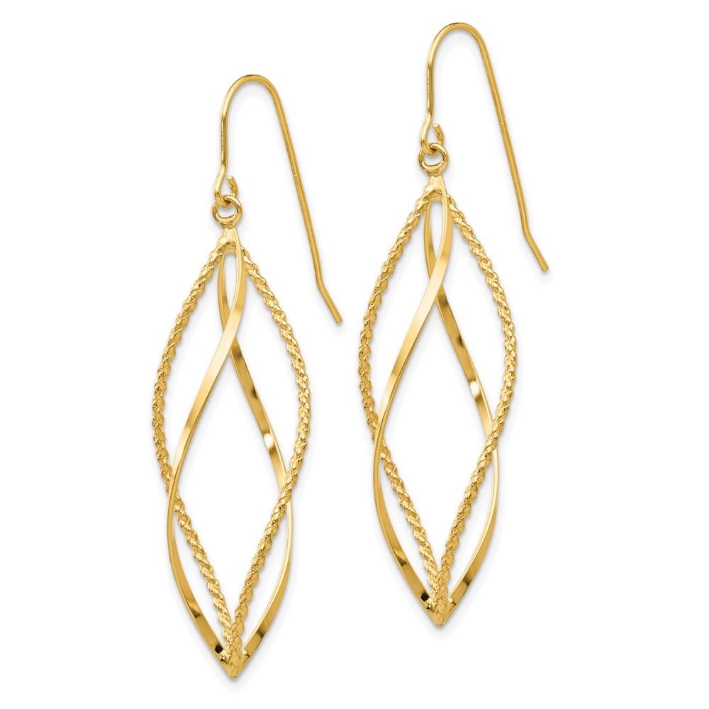 14k Yellow Gold Polished and Textured Twisted Dangle Earrings