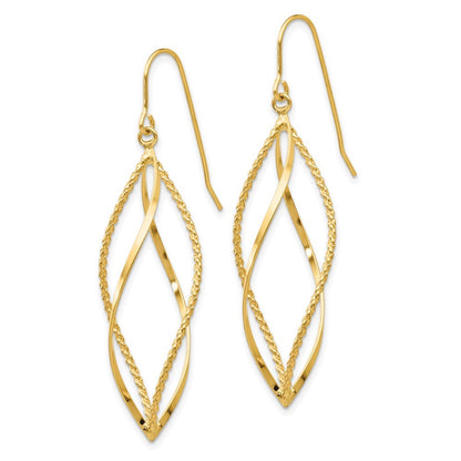 14k Yellow Gold Polished and Textured Twisted Dangle Earrings