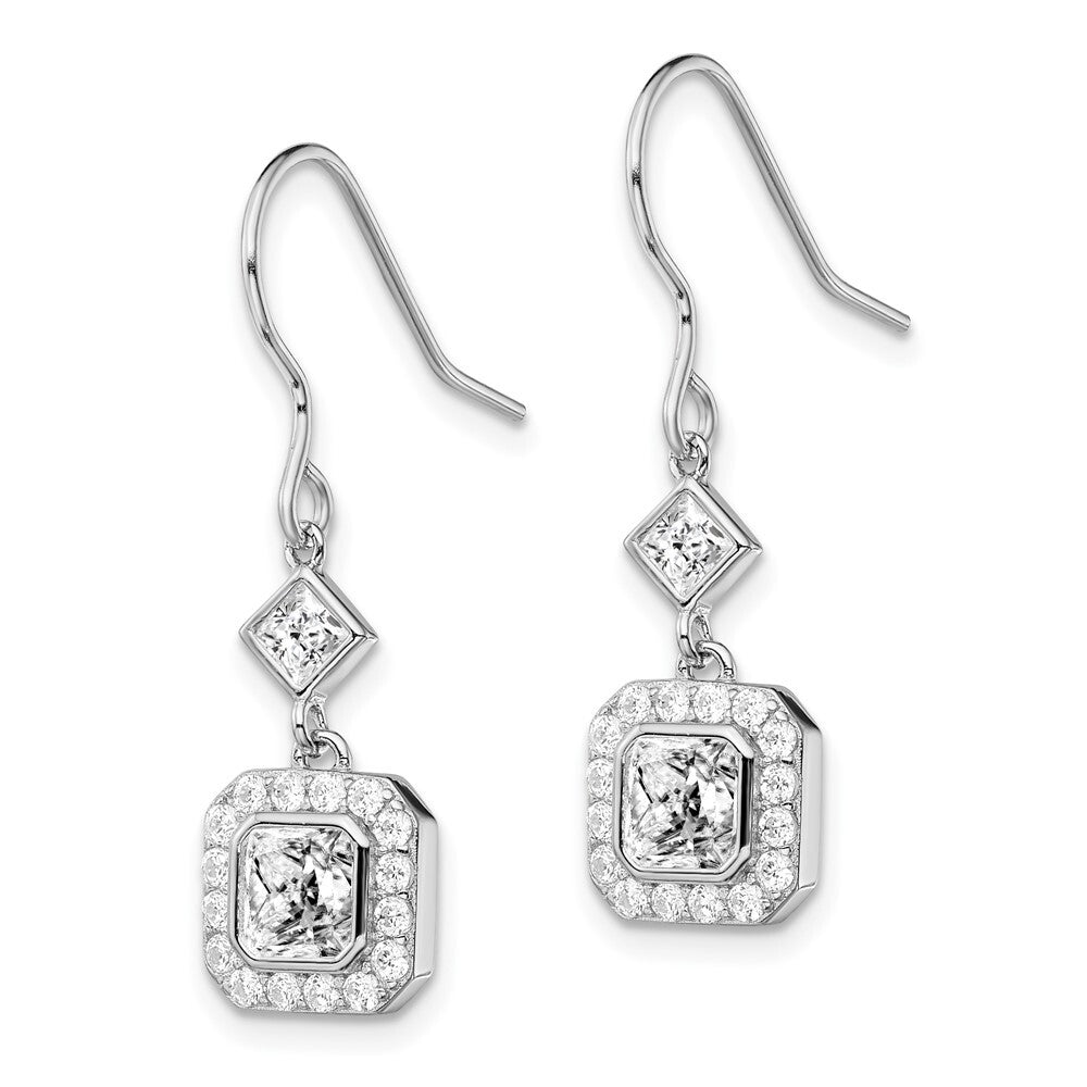 Sterling Silver Polished Square Cubic Zirconia Halo Dangle Earrings