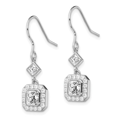 Sterling Silver Polished Square Cubic Zirconia Halo Dangle Earrings