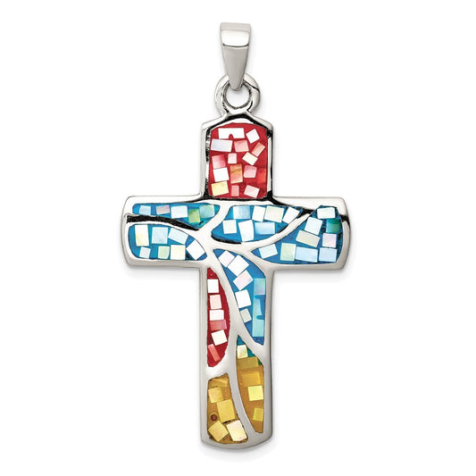 Sterling Silver Mulit-colored Shell Cross Pendant Holiday Gift for Women