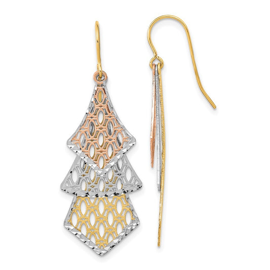14k Tri-color Diamond-Cut Polished Filigree Dangle Earrings