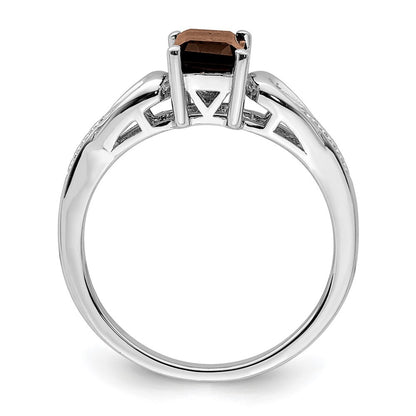 Sterling Silver Rhodium Diamond & Smoky Quartz Ring