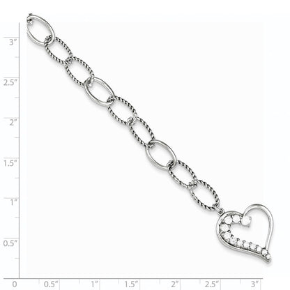 Sterling Silver Rhodium Plated Journey Heart CZ Dangle Bracelet
