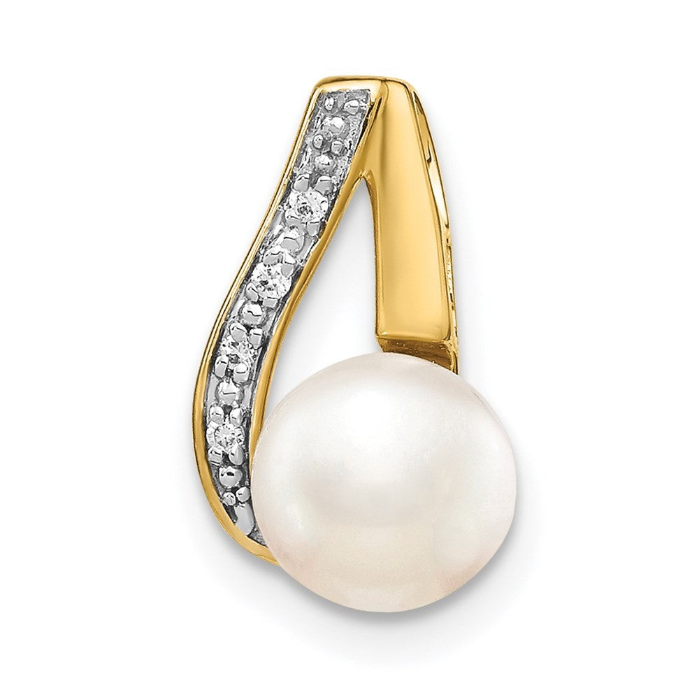 14k Yellow Gold Rhodium 7-8mm Button Freshwater Cultured Pearl & Diamond Pendant