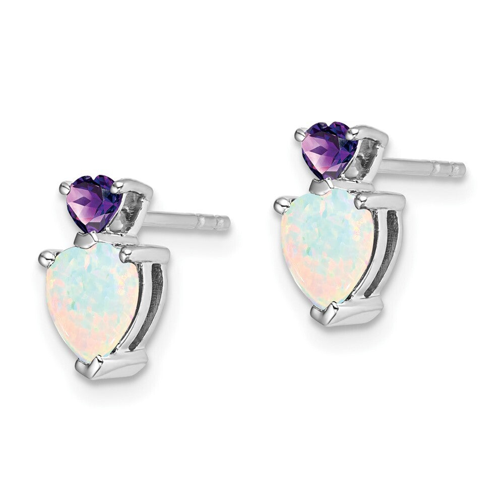 14k White Gold Created Opal and Amethyst Heart Drop & Dangle Earrings