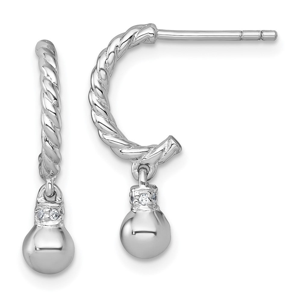 Sterling Silver Rhodium-plated Polished and Twisted CZ J-Hoop Dangle Earrings