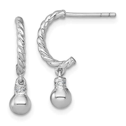 Sterling Silver Rhodium-plated Polished and Twisted CZ J-Hoop Dangle Earrings