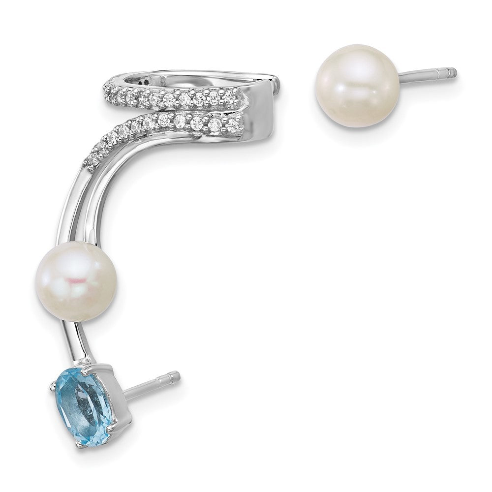 Sterling Silver CZ Freshwater Cultured Pearl & Topaz Cuff Asymmetric Earrings