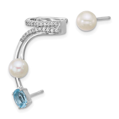 Sterling Silver CZ Freshwater Cultured Pearl & Topaz Cuff Asymmetric Earrings