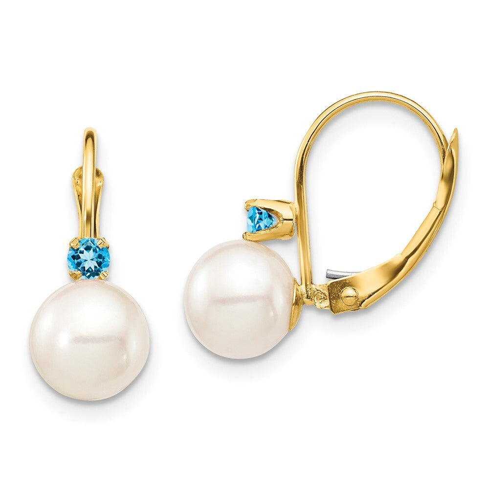 14k Yellow Gold 7-7.5mm Cultured Pearl & Swiss Blue Topaz Leverback Earrings
