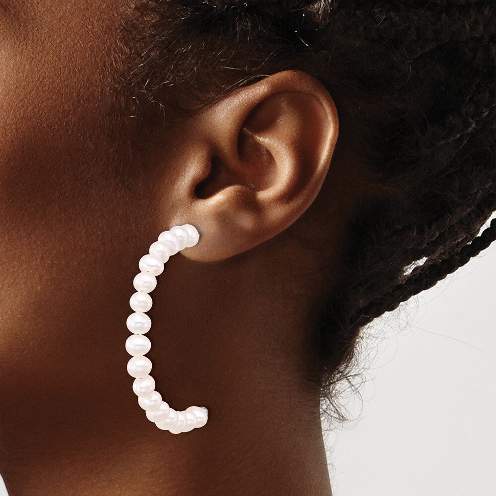 Sterling Silver 5-6mm White Semi-Round Cultured Pearl Post J-Hoop Earrings