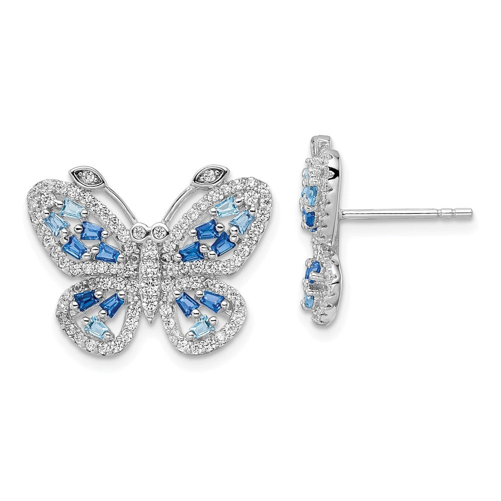Sterling Silver Polished Light and Dark Blue CZ with Clear CZ Butterfly Earrings