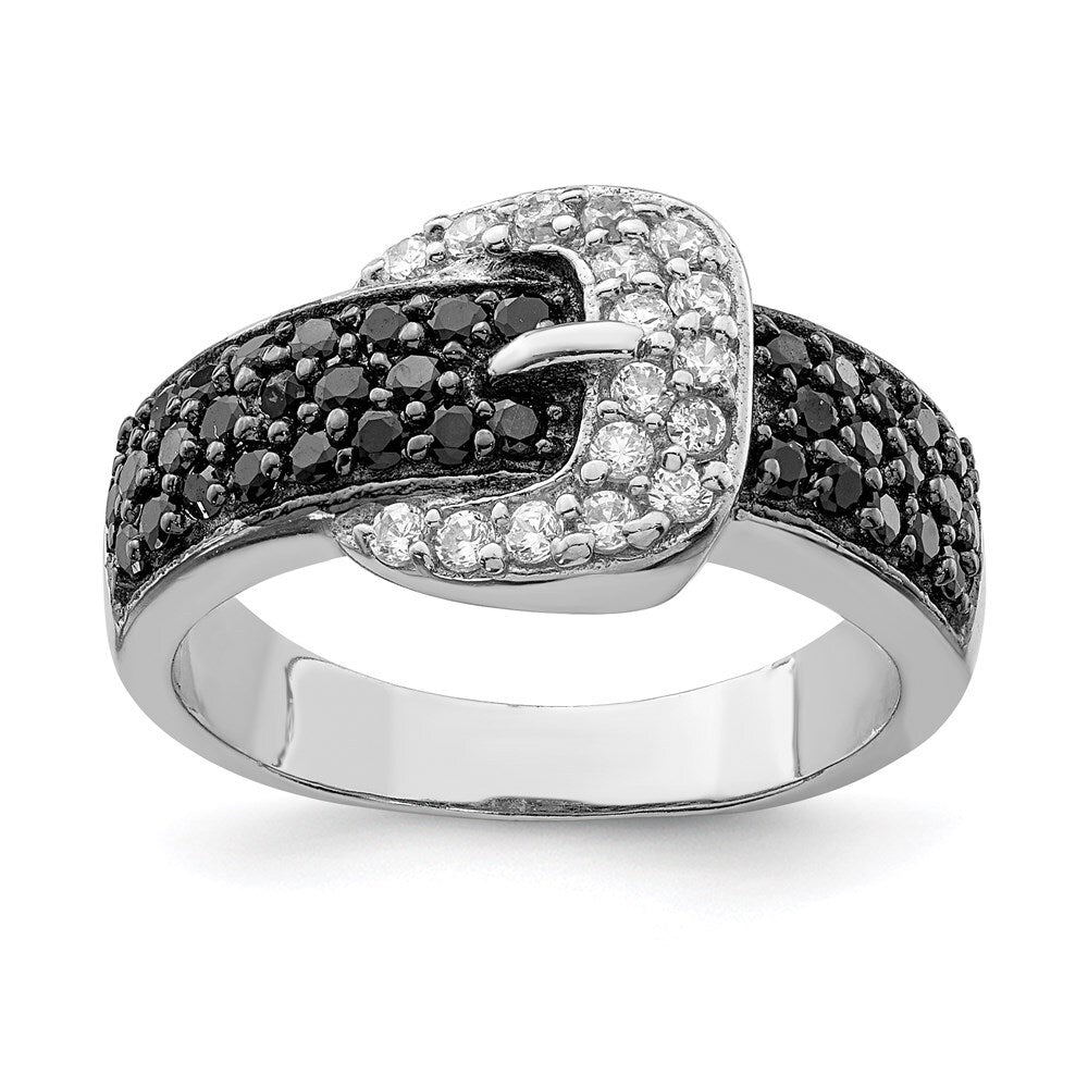 Sterling Silver Rhodium Black and Clear Cubic Zirconia Buckle Ring Size 8