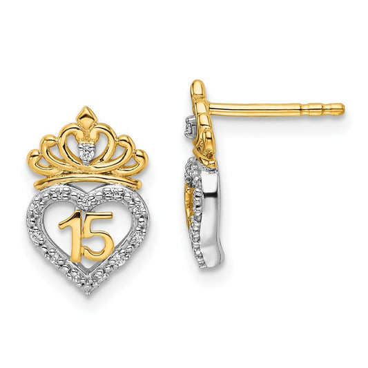 14K Two-tone Gold Polished Diamond Quinceanera Heart/Crown Earrings