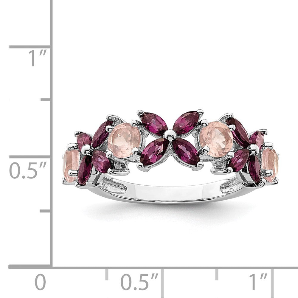 Sterling Silver Rhodium-plated Rose Quartz & Rhodolite Ring Size 8