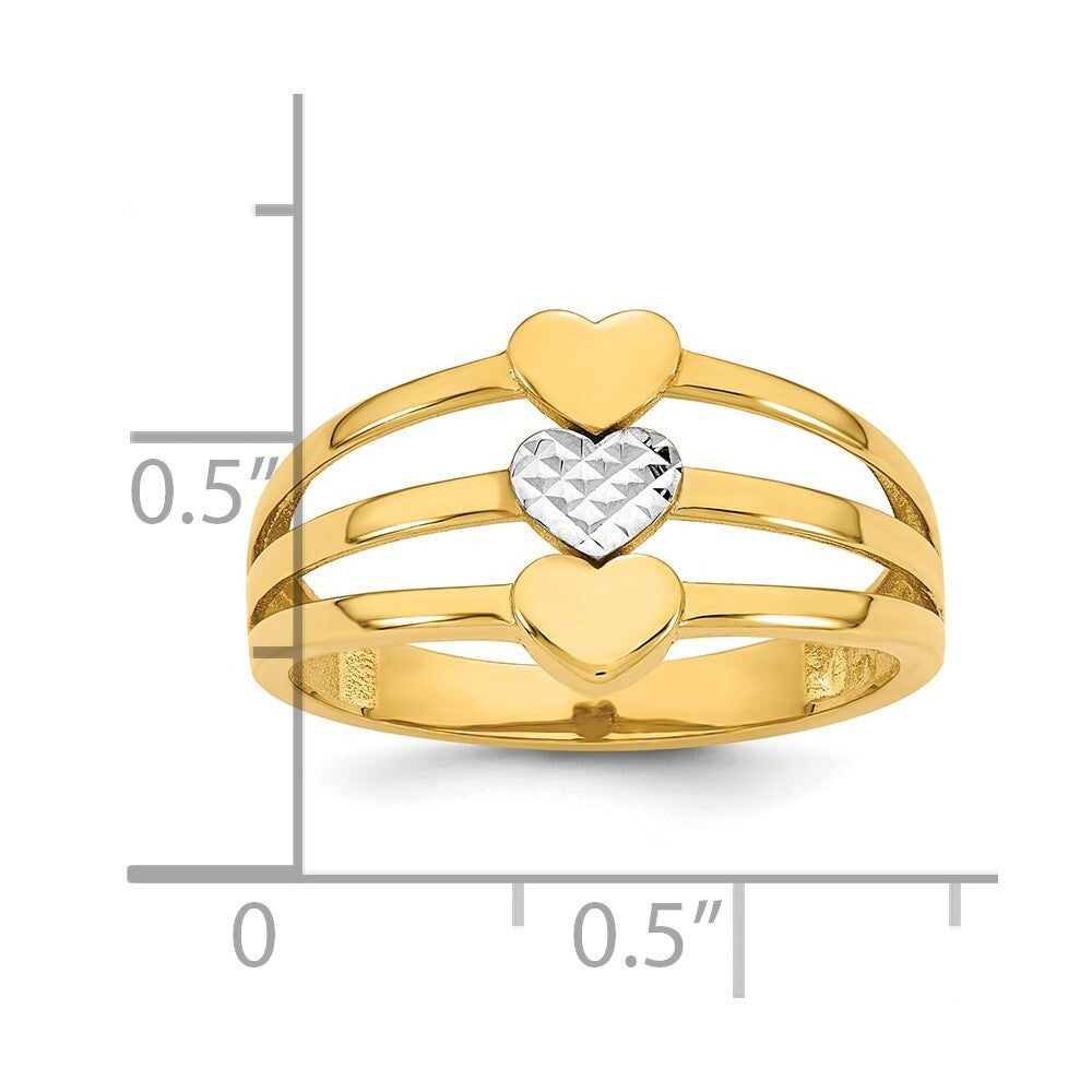 14K Yellow Gold w/White Rhodium Polished & Diamond-Cut Three Hearts Ring Size 7