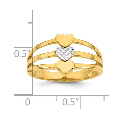 14K Yellow Gold w/White Rhodium Polished & Diamond-Cut Three Hearts Ring Size 7