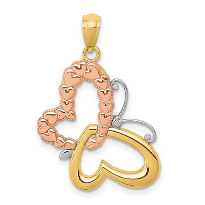 14k Two-tone Gold Gold White Rhodium Butterfly Hearts Pendant
