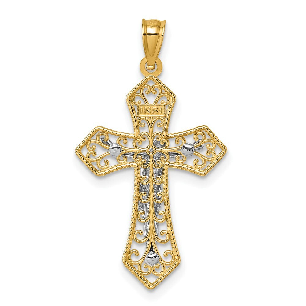 14k Two-tone Gold Polished and Beaded Fancy Crucifix Pendant for Women
