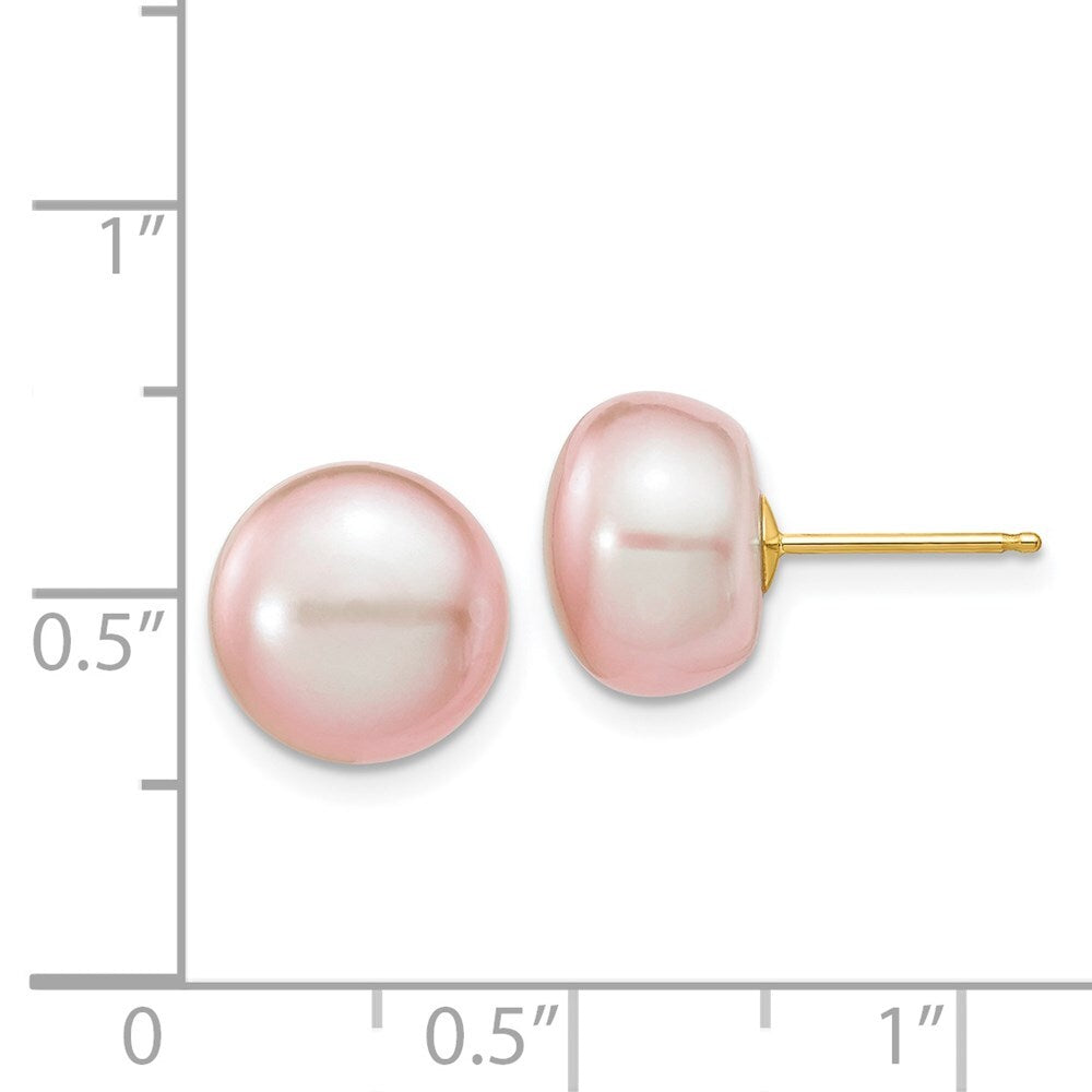 14k Yellow Gold 10-11mm Purple Button Freshwater Cultured Pearl Stud Earrings