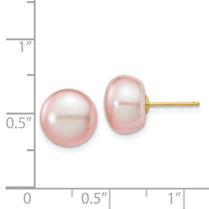 14k Yellow Gold 10-11mm Purple Button Freshwater Cultured Pearl Stud Earrings