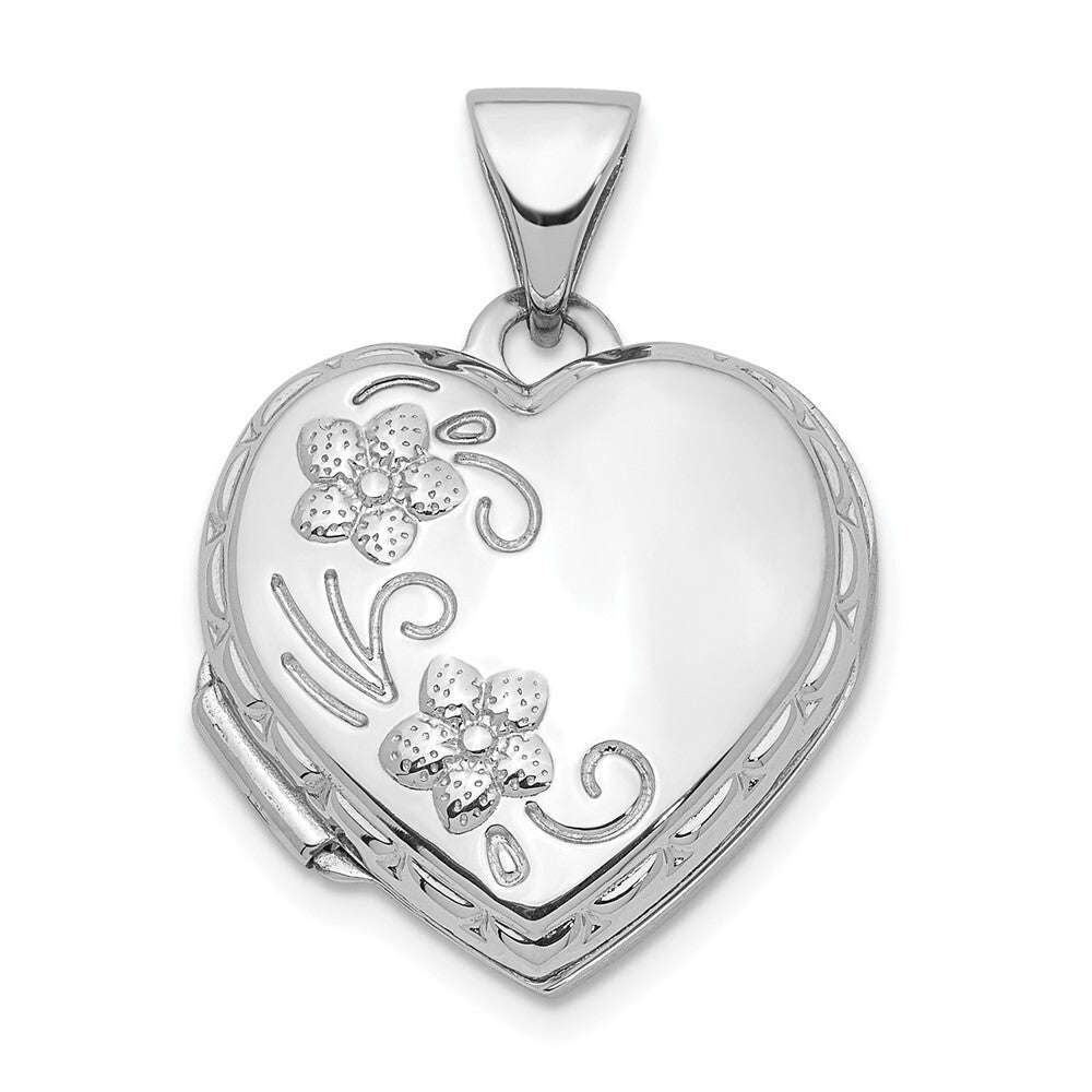 14k White Gold Polished 15mm Floral Heart Locket Pendant for Women