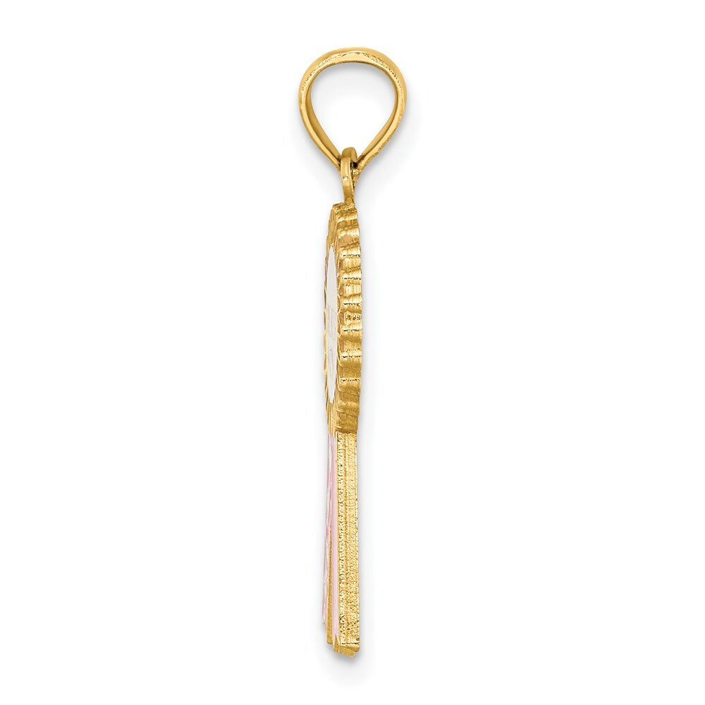 14k Yellow Gold Enamel GREATEST MOM Pink RIBBON Charm Pendant for Women