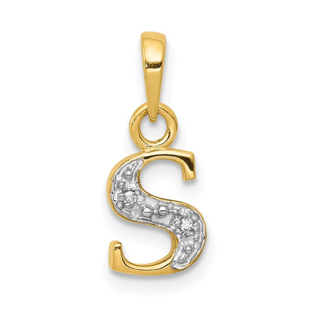 14k Yellow Gold with Rhodium Diamond Letter S Initial Pendant for Women