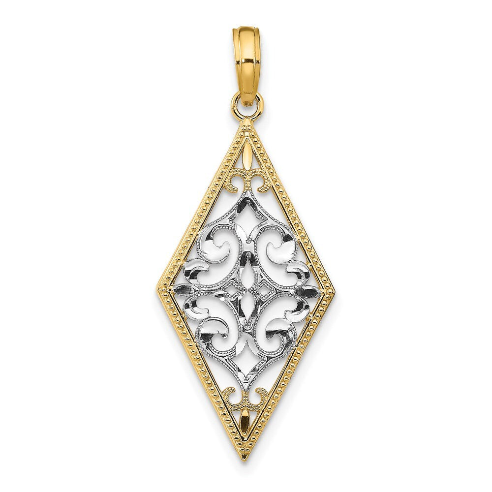 14k Yellow Gold Rhodium Diamond Shape Cut-Out Filigree Charm Pendant for Women