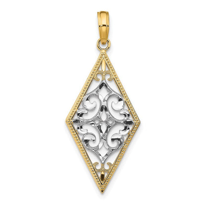 14k Yellow Gold Rhodium Diamond Shape Cut-Out Filigree Charm Pendant for Women
