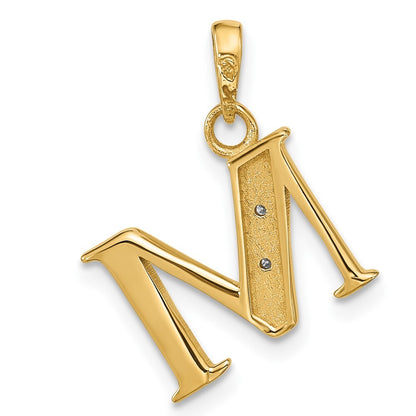 14k Yellow Gold with Rhodium Diamond Letter M Initial Pendant for Women