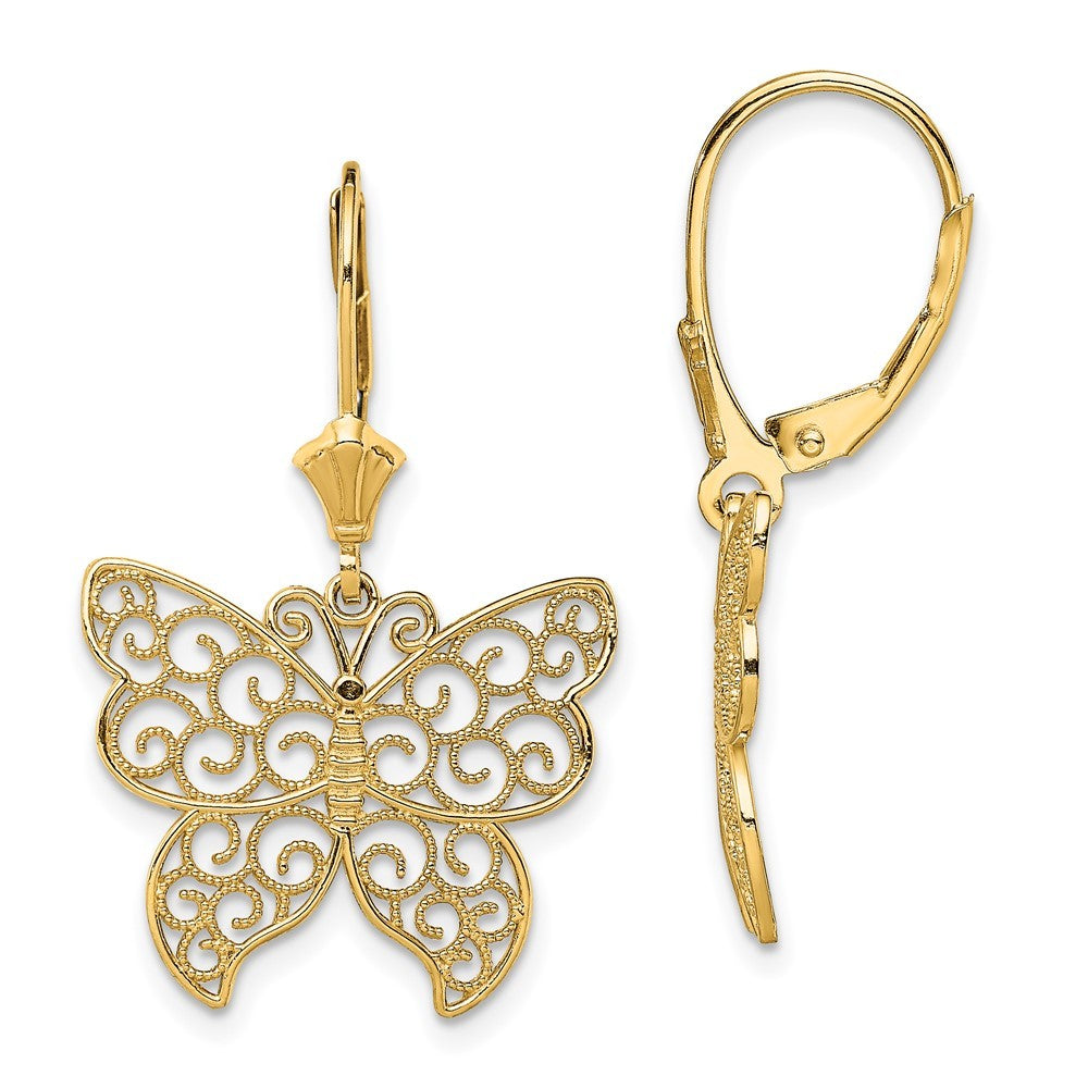 14k Yellow Gold Butterfly w/ Beaded Filigree Wings Drop Dangle Earrings