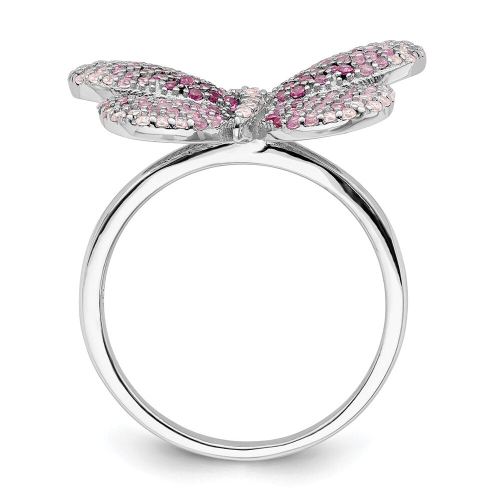 Sterling Silver Rhodium-plated Polished Pink CZ Butterfly Ring Size 6