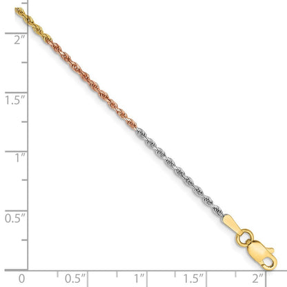 14K Tri-colored 8 inch 1.5mm Diamond-cut Rope Chain Bracelet