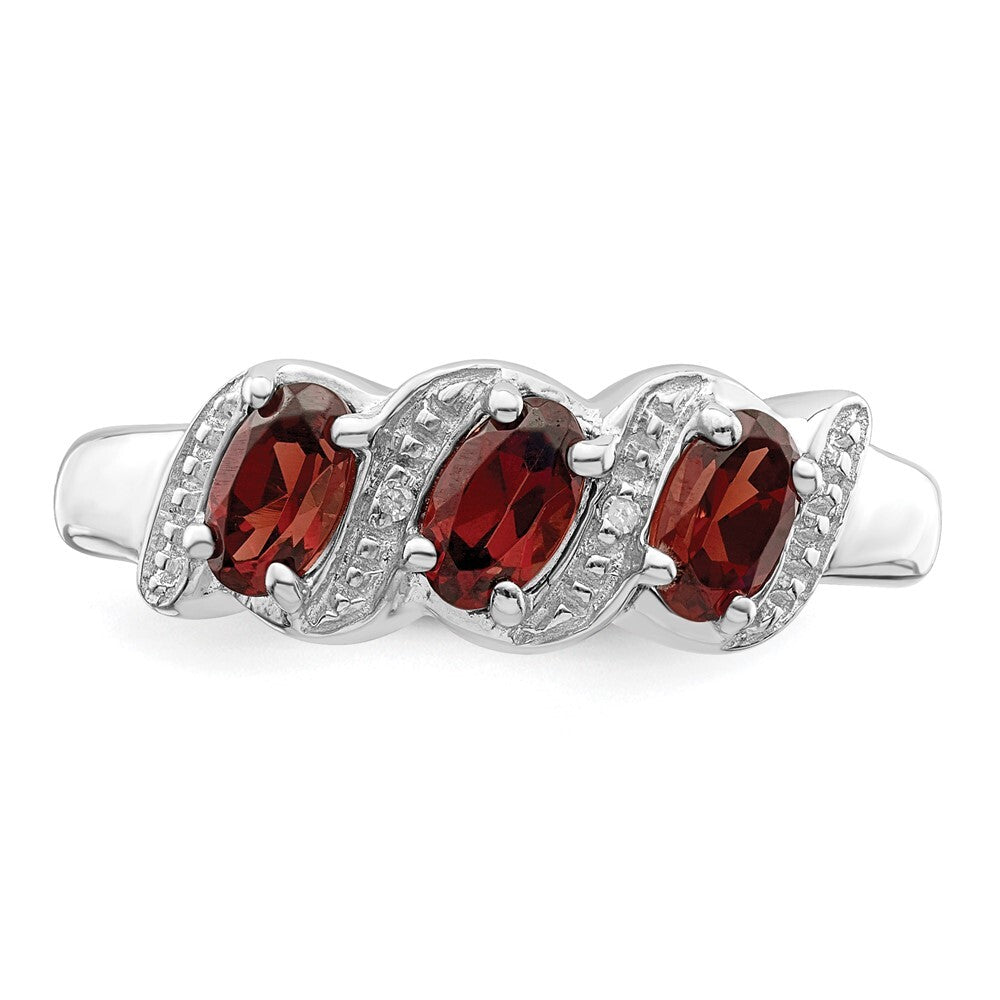 Sterling Silver Rhodium-plated 3 Stone Garnet & Diamond Ring Size 7